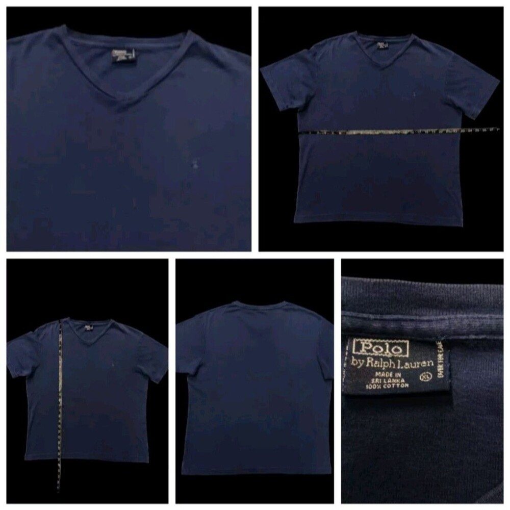 Vintage Polo Ralph Lauren Embroidered Classic V-neck T-shirt Mens XL Navy Cotton
